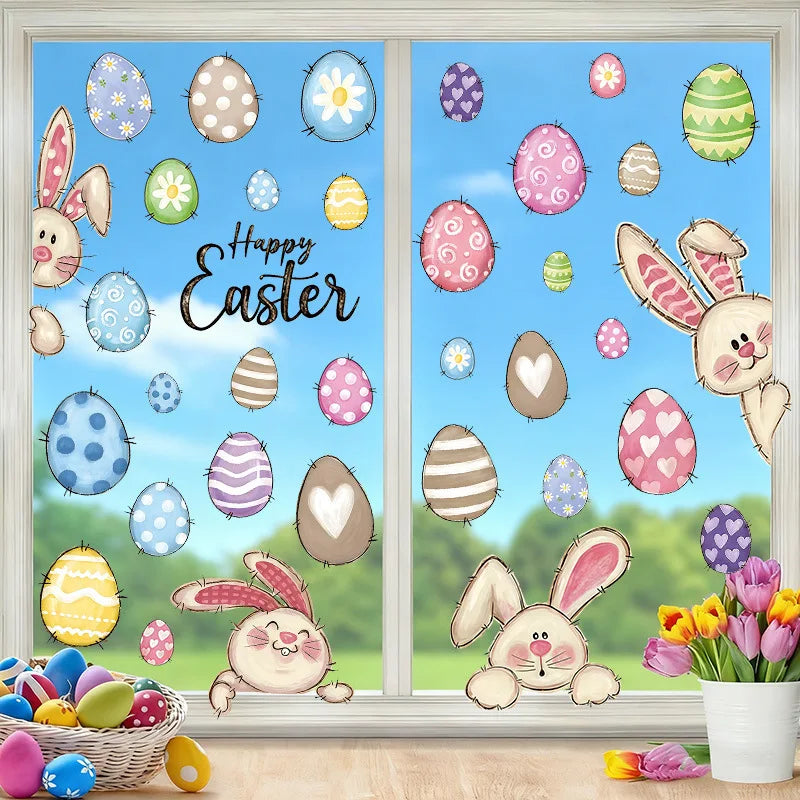 6 Sheets Happy Easter Decorations Window Clings Bunny Eggs No Glue Stickers Static Glass Decal Spring Party Home Decor Kids Gift