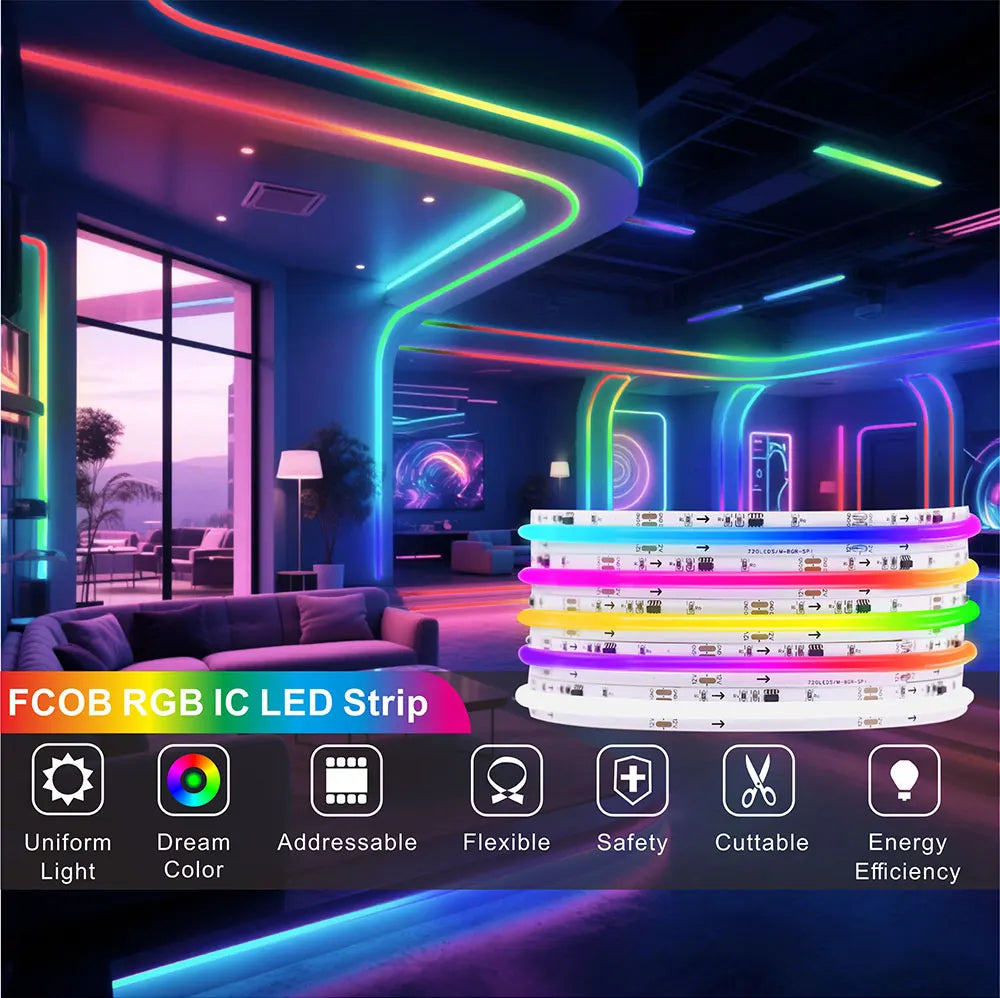 COB RGBIC LED Strip WS2812B: 720 Addressable RGB Pixels Full Color 10mm 12-24V High Density, Flexible FOB WS2811 COB LED Lights