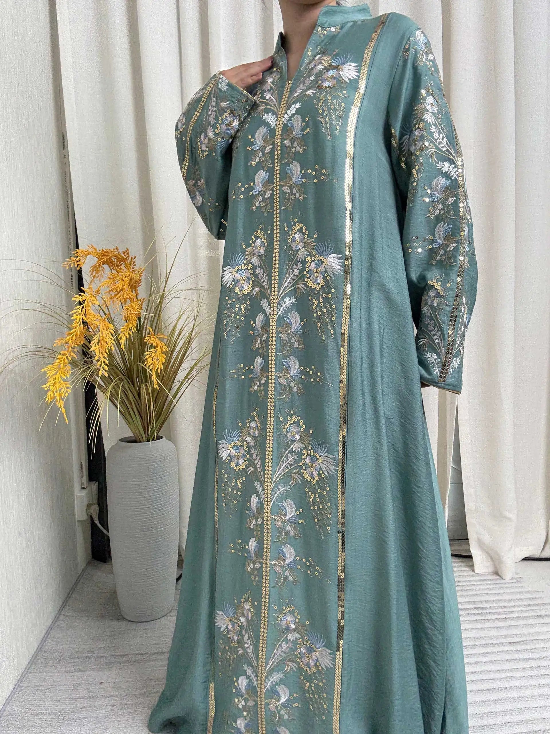 2025 Teal Muslim Abaya with Stand Collar Floral Embroidered Islamic Dress for Ramadan and Festive Wear