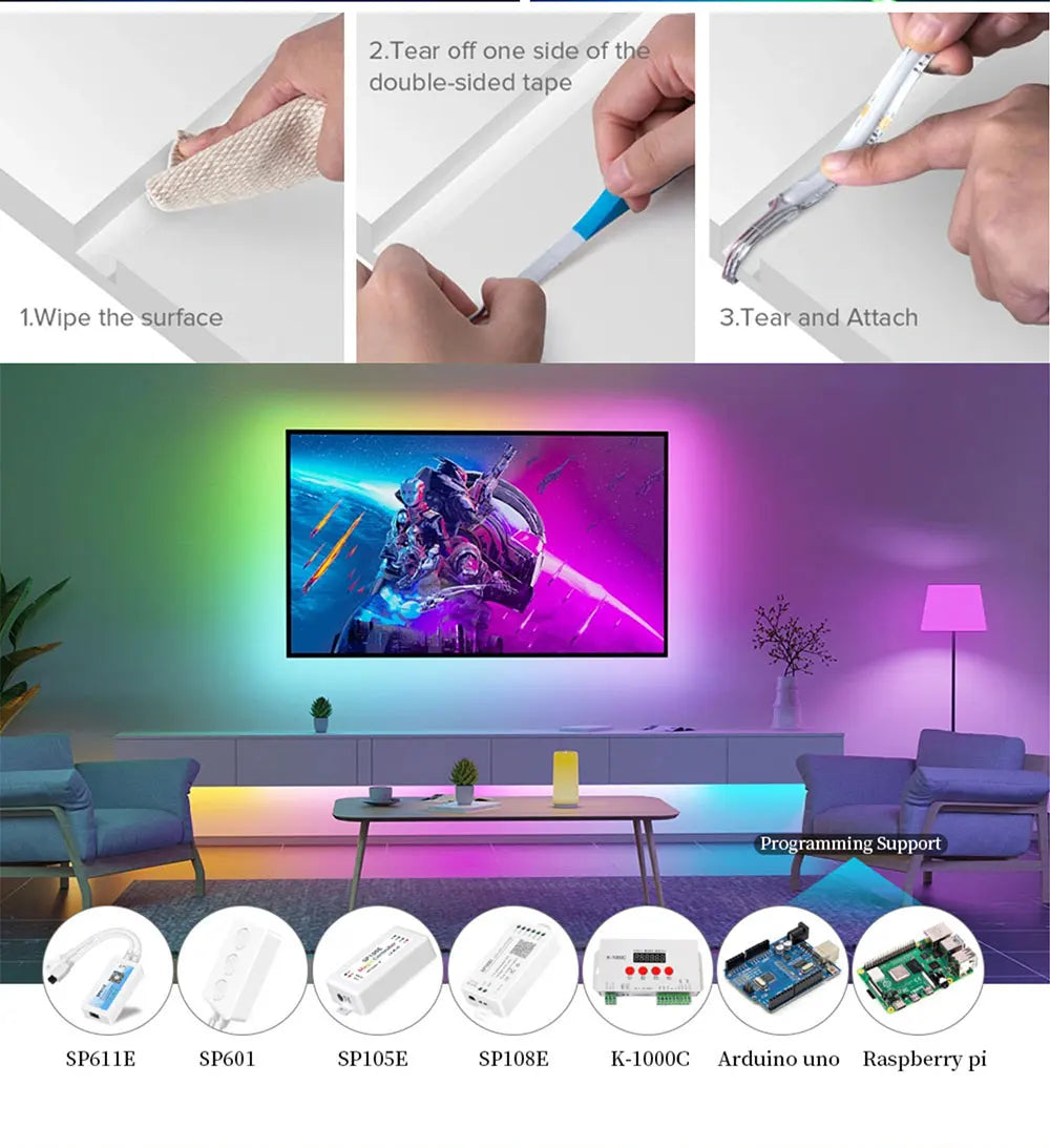 COB RGBIC LED Strip WS2812B: 720 Addressable RGB Pixels Full Color 10mm 12-24V High Density, Flexible FOB WS2811 COB LED Lights