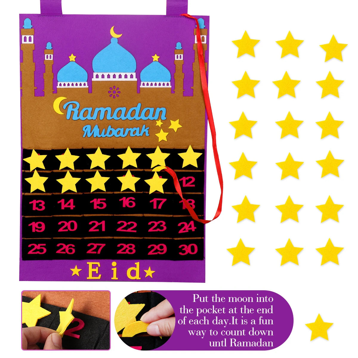 DIY Eid Mubarak Felt Ramadan Calendar With Pocket for Kids Gifts Countdown Calendrier Ramadan 2025 Kareem Muslim Party Decor
