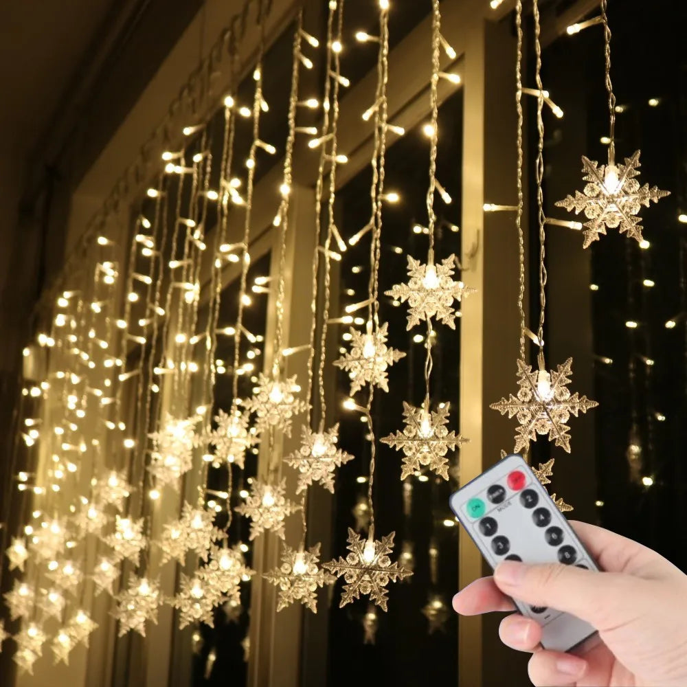 Battery/USB Operated Snowflake Curtain LED String Lights, Indoor & Outdoor Decor, 2024 Christmas Holiday Party Lighting, Wedding Decoration
