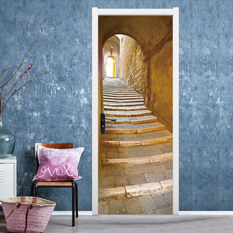 Medieval Stone Hutongs DIY Door Wall Sticker Home Decor Living Room Children Room Bedroom Art Mural Self-adhesive PVC Wallpaper