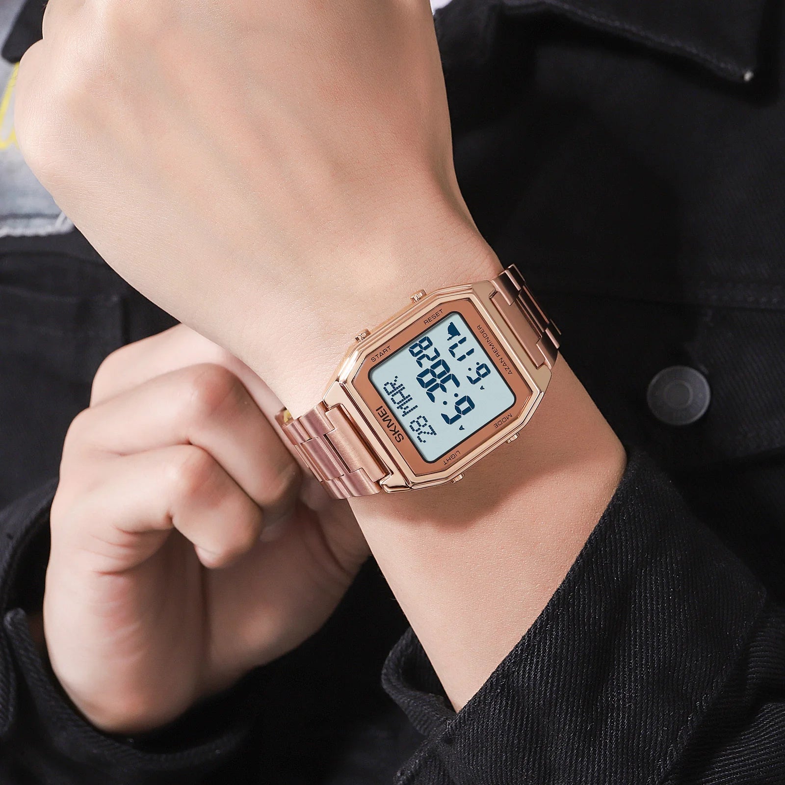 SKMEI Stainless Steel Digital Watch Muslim Azan Prayer Compass Clock Adhan Alarm Hijri Islamic Wristwatch with Back Light 2141