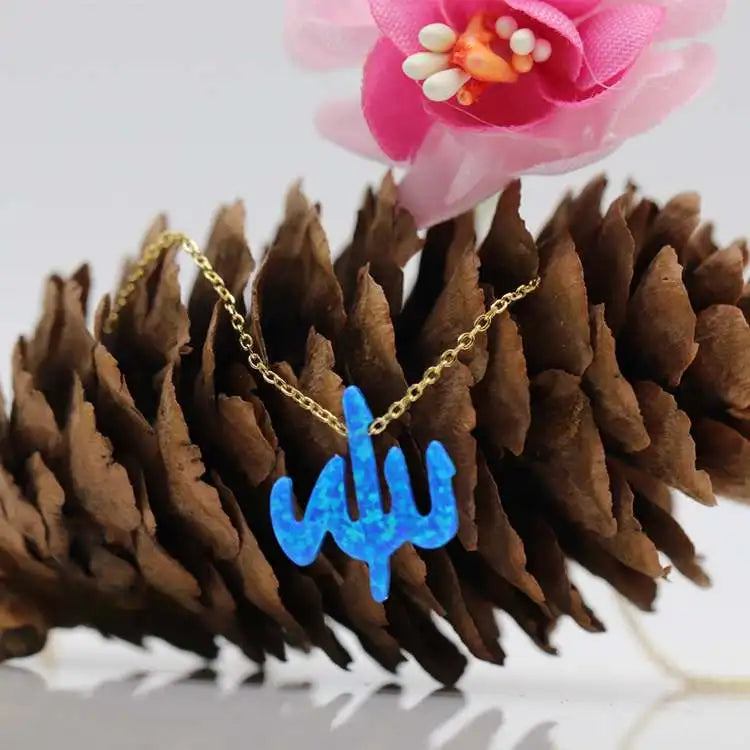 1pc Free Shipping 13*15mm Dark Blue Allah Synthetic Fire Blue Opal 925 Sterling Silver Gold O Chain Opal Allah Necklace Hot Sale