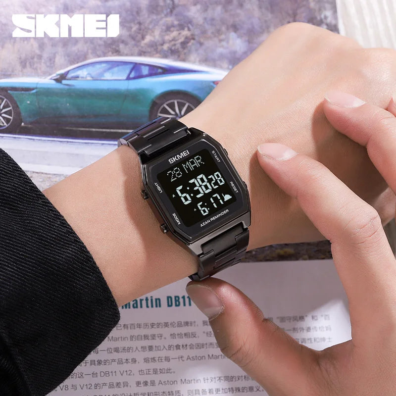 SKMEI Stainless Steel Digital Watch Muslim Azan Prayer Compass Clock Adhan Alarm Hijri Islamic Wristwatch with Back Light 2141