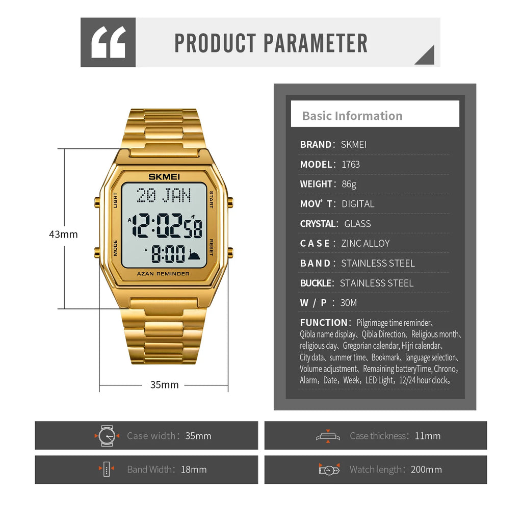SKMEI Stainless Steel Digital Watch Muslim Azan Prayer Compass Clock Adhan Alarm Hijri Islamic Wristwatch with Back Light 2141