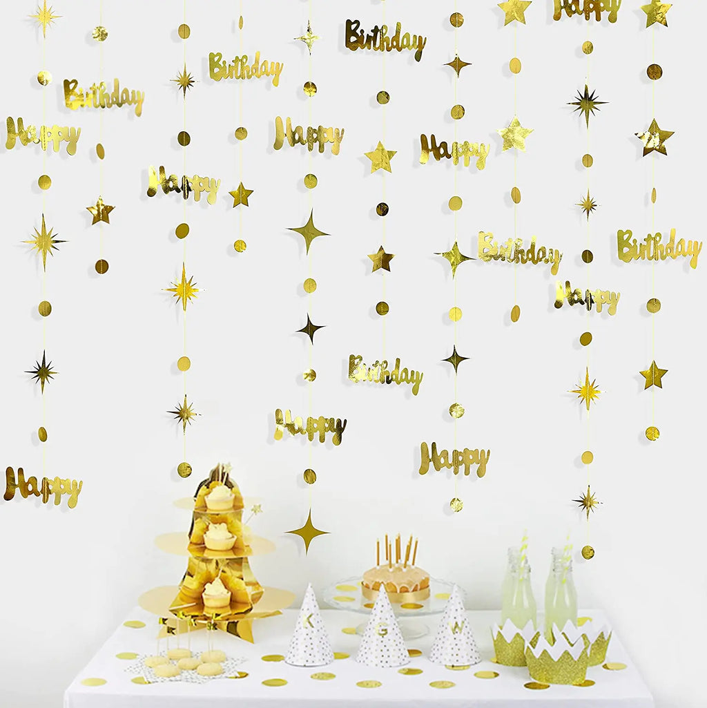 Gold EID Party Decorations Happy Birthday Banners Circle Twinkle Star Garland Metallic Tinsel Banners Hanging Streamer Backdrop