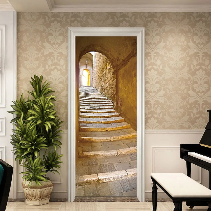 Medieval Stone Hutongs DIY Door Wall Sticker Home Decor Living Room Children Room Bedroom Art Mural Self-adhesive PVC Wallpaper