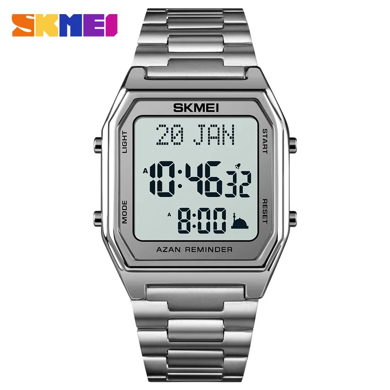 SKMEI Stainless Steel Digital Watch Muslim Azan Prayer Compass Clock Adhan Alarm Hijri Islamic Wristwatch with Back Light 2141