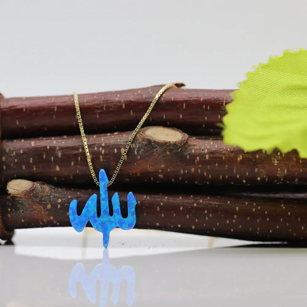 1pc Free Shipping 13*15mm Dark Blue Allah Synthetic Fire Blue Opal 925 Sterling Silver Gold O Chain Opal Allah Necklace Hot Sale