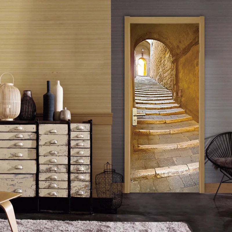 Medieval Stone Hutongs DIY Door Wall Sticker Home Decor Living Room Children Room Bedroom Art Mural Self-adhesive PVC Wallpaper