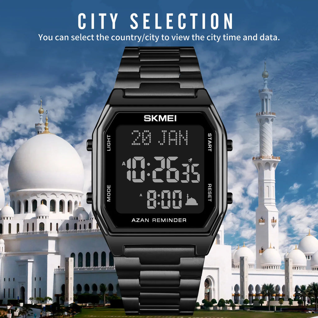 SKMEI Stainless Steel Digital Watch Muslim Azan Prayer Compass Clock Adhan Alarm Hijri Islamic Wristwatch with Back Light 2141