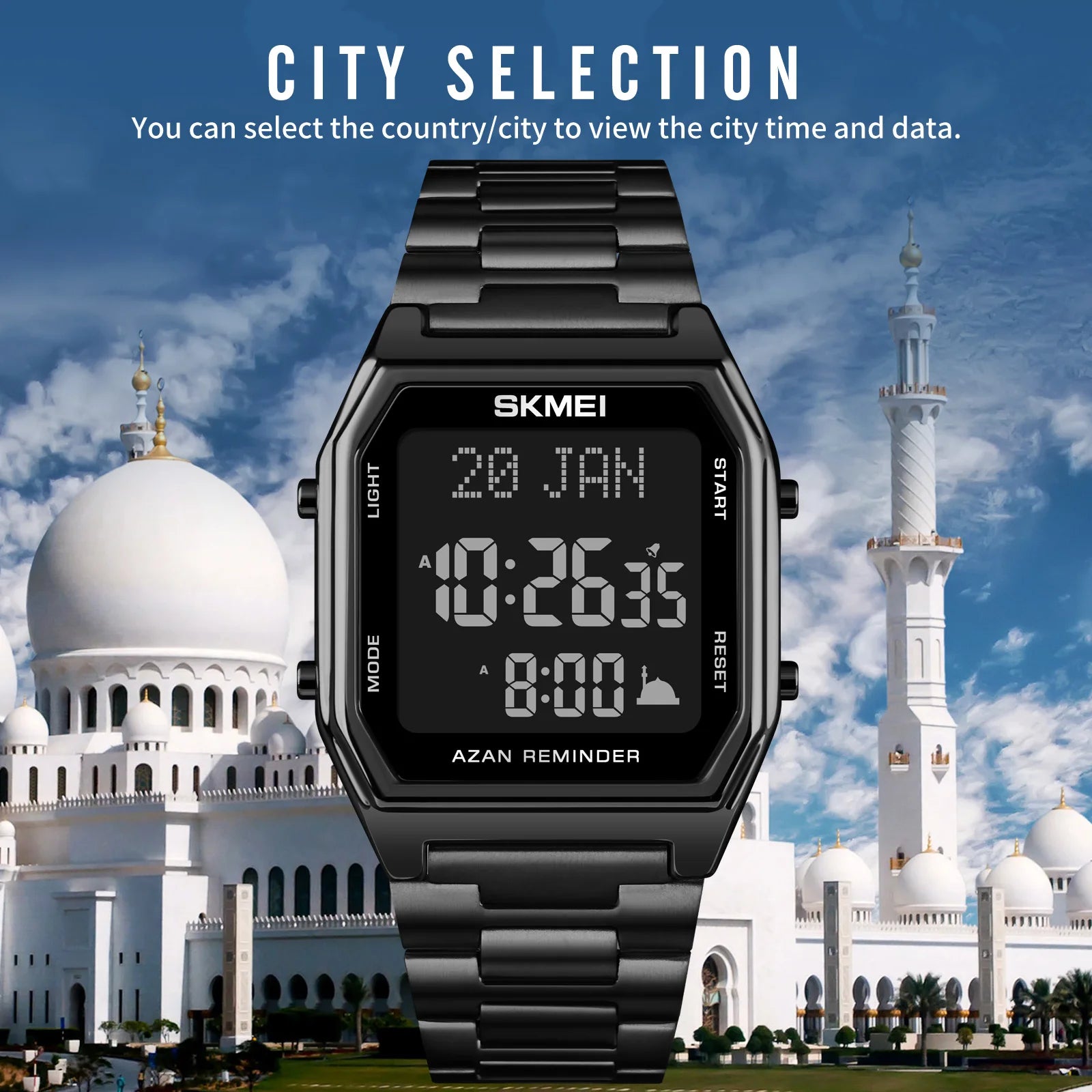 SKMEI Stainless Steel Digital Watch Muslim Azan Prayer Compass Clock Adhan Alarm Hijri Islamic Wristwatch with Back Light 2141