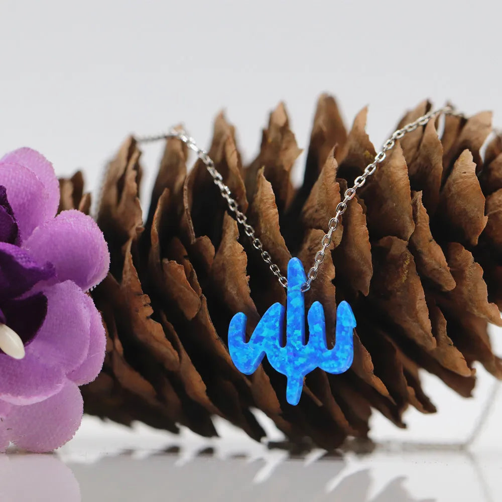 1pc Free Shipping 13*15mm Dark Blue Allah Synthetic Fire Blue Opal 925 Sterling Silver Gold O Chain Opal Allah Necklace Hot Sale