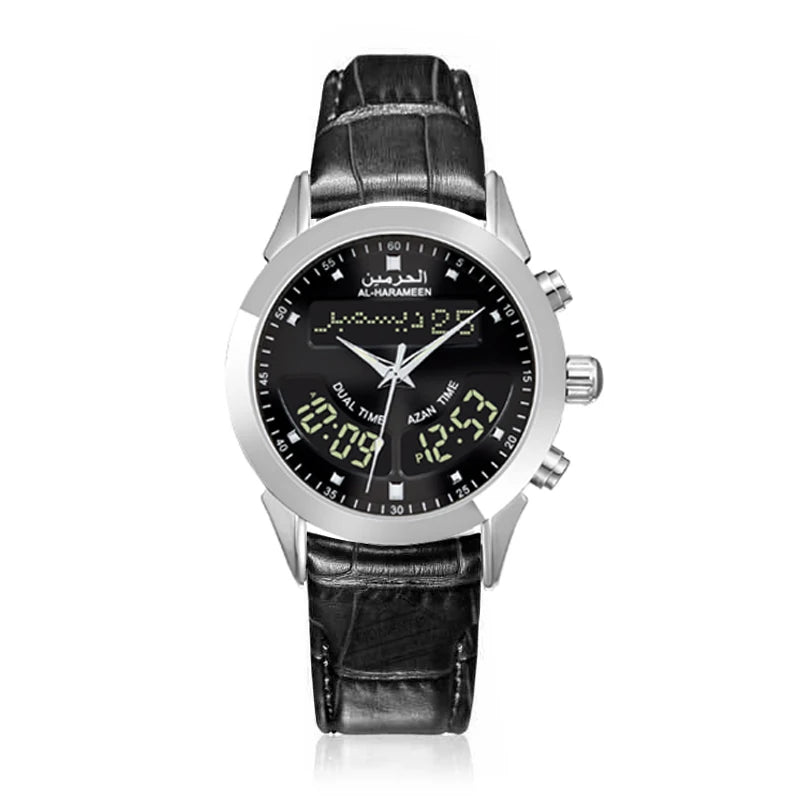 Muslim Watch with Alfajr Azan Time Iqamah Alarm for All Prayers English Arabic Language Saphire Genuine Leather Ramadan Gift