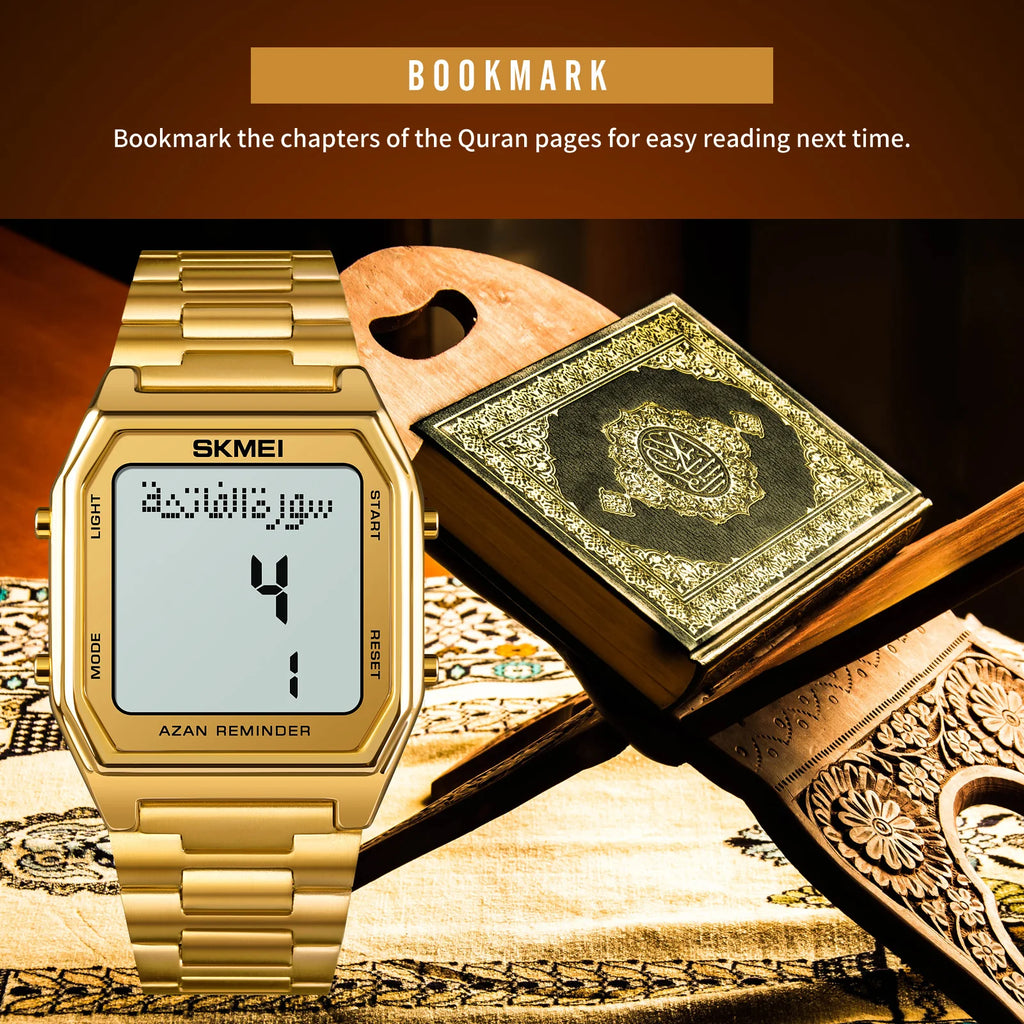 SKMEI Stainless Steel Digital Watch Muslim Azan Prayer Compass Clock Adhan Alarm Hijri Islamic Wristwatch with Back Light 2141