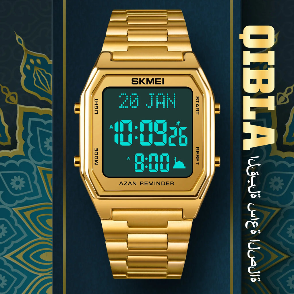 SKMEI Stainless Steel Digital Watch Muslim Azan Prayer Compass Clock Adhan Alarm Hijri Islamic Wristwatch with Back Light 2141