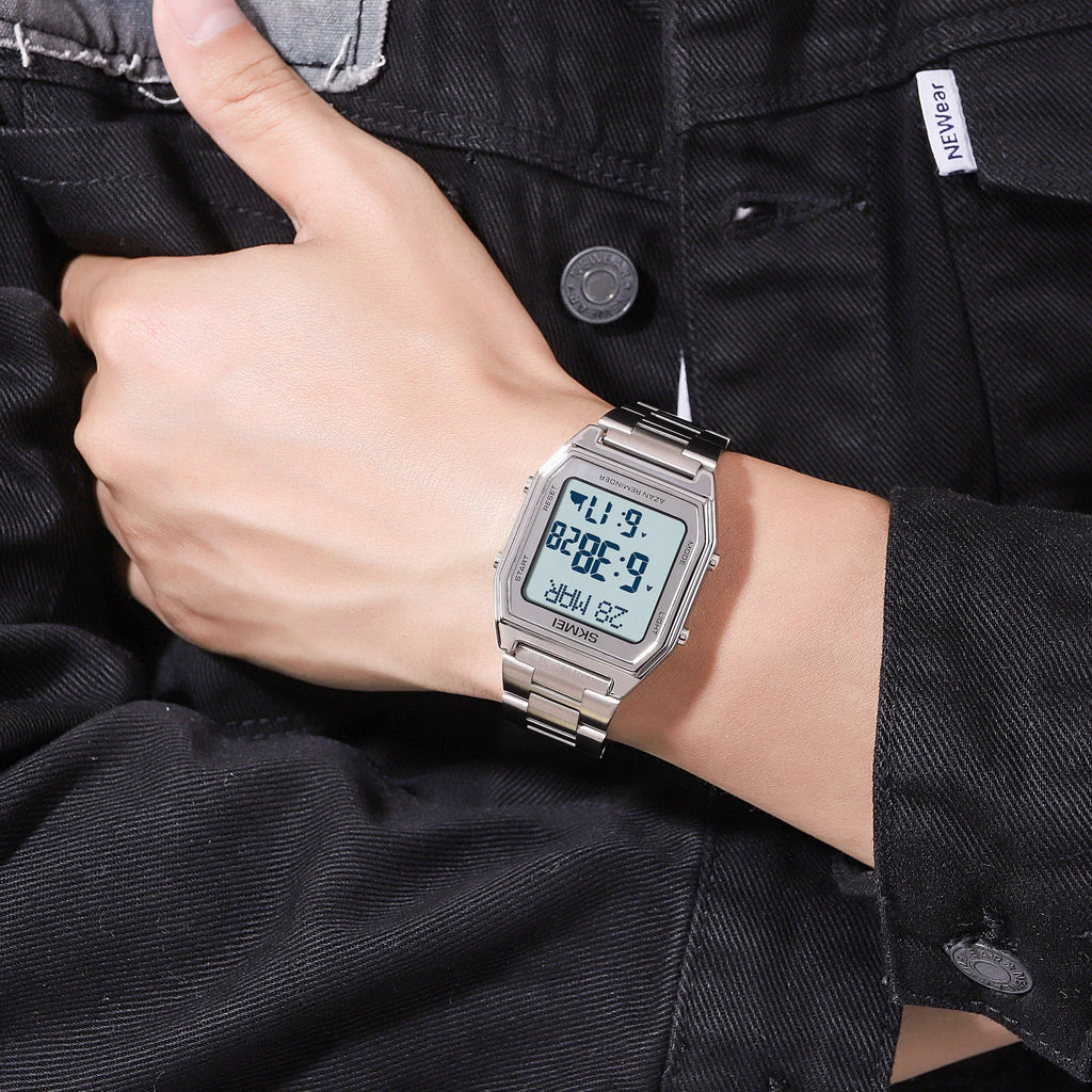 SKMEI Stainless Steel Digital Watch Muslim Azan Prayer Compass Clock Adhan Alarm Hijri Islamic Wristwatch with Back Light 2141