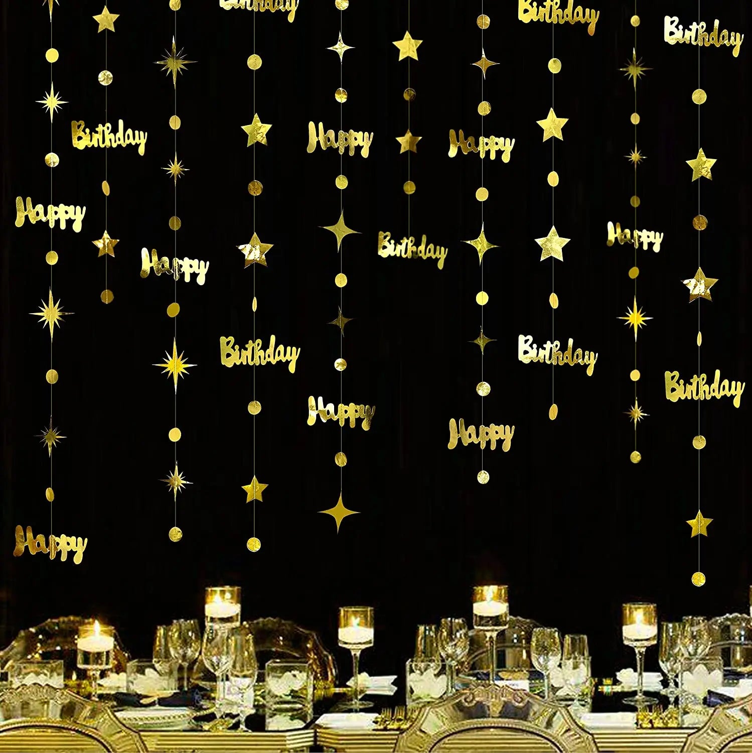 Gold EID Party Decorations Happy Birthday Banners Circle Twinkle Star Garland Metallic Tinsel Banners Hanging Streamer Backdrop