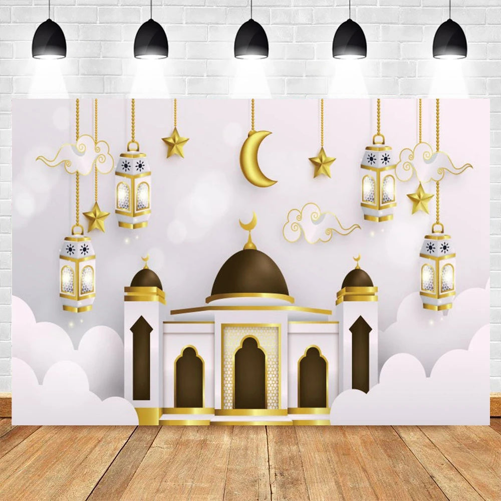 Ramadan Kareem Photography Backdrop EID Mubarak Islamic Mosque Lamps Moon Star White Cloud Photo Background Studio Poster Decor