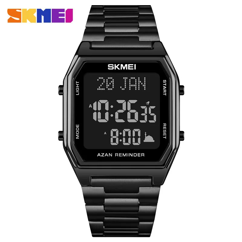 SKMEI Stainless Steel Digital Watch Muslim Azan Prayer Compass Clock Adhan Alarm Hijri Islamic Wristwatch with Back Light 2141