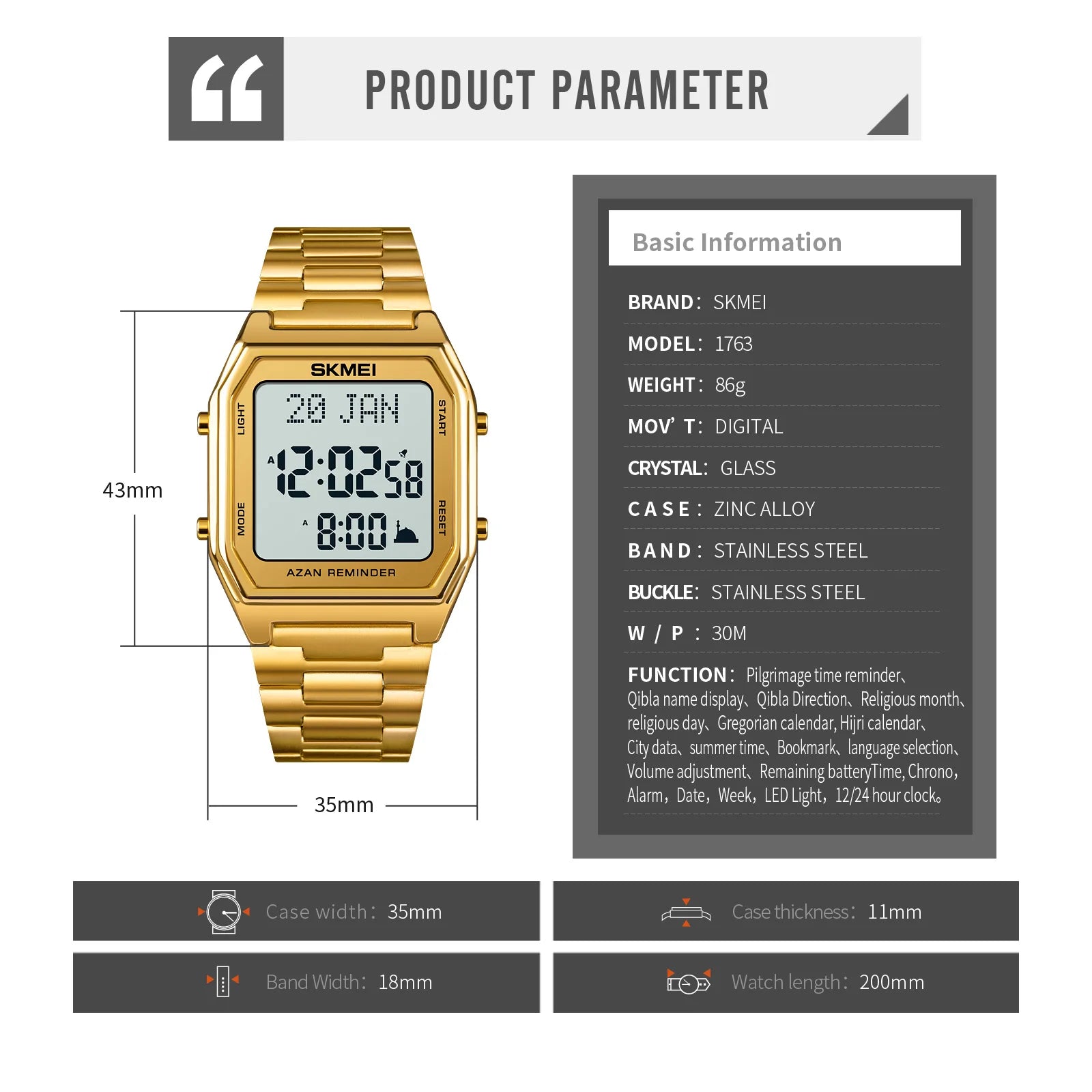SKMEI Stainless Steel Digital Watch Muslim Azan Prayer Compass Clock Adhan Alarm Hijri Islamic Wristwatch with Back Light 2141