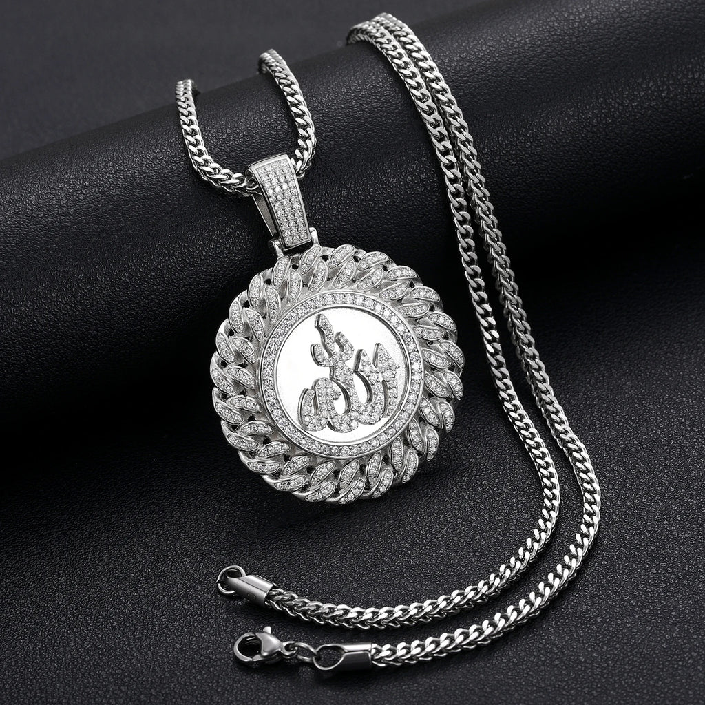 925 Sterling Silver Muslim Islam Allah Pendant Necklace Full Crystal Iced Out Chain Necklace Religious For Mens Hip Hop Jewelry</strong><br><br>