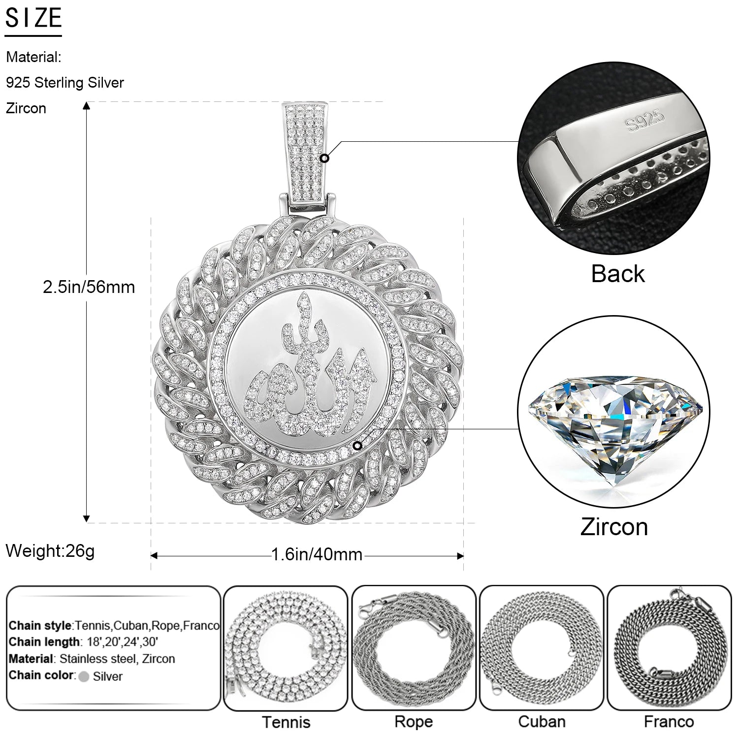 925 Sterling Silver Muslim Islam Allah Pendant Necklace Full Crystal Iced Out Chain Necklace Religious For Mens Hip Hop Jewelry</strong><br><br>