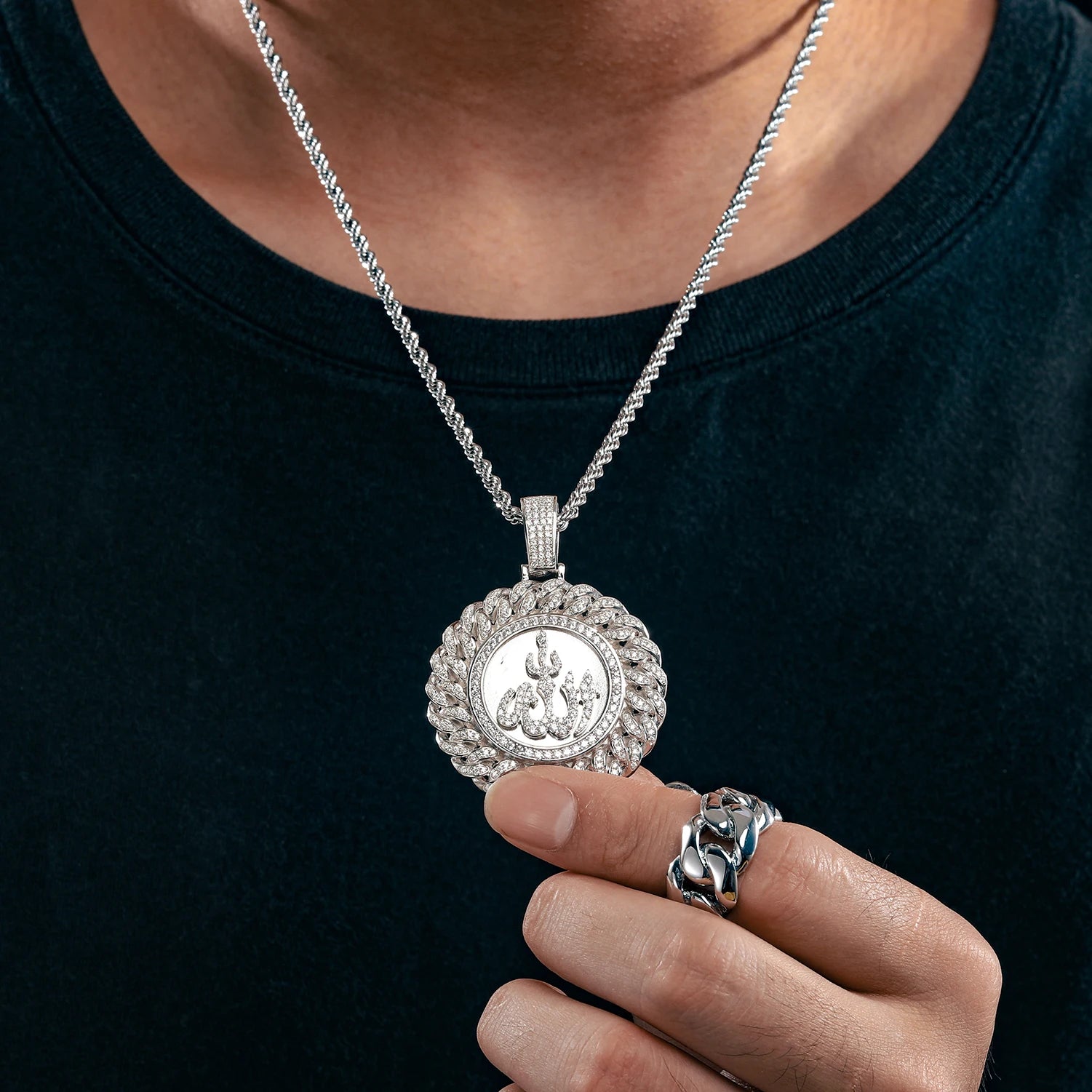 925 Sterling Silver Muslim Islam Allah Pendant Necklace Full Crystal Iced Out Chain Necklace Religious For Mens Hip Hop Jewelry</strong><br><br>