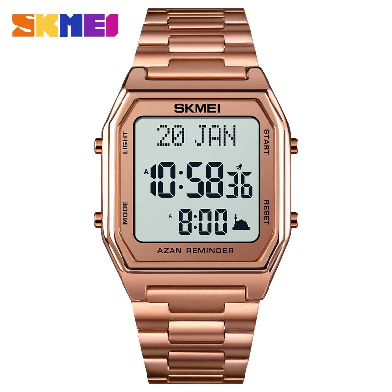 SKMEI Stainless Steel Digital Watch Muslim Azan Prayer Compass Clock Adhan Alarm Hijri Islamic Wristwatch with Back Light 2141