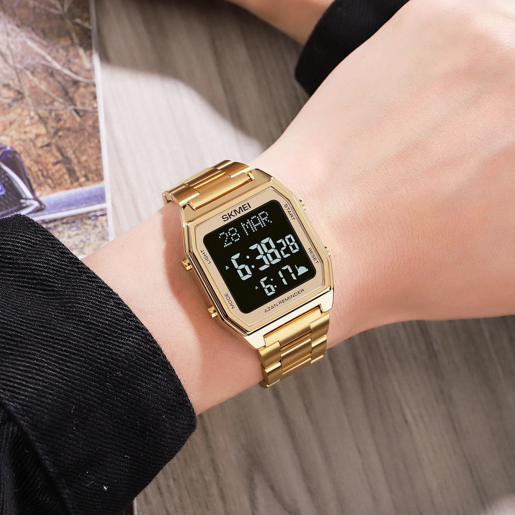 SKMEI Stainless Steel Digital Watch Muslim Azan Prayer Compass Clock Adhan Alarm Hijri Islamic Wristwatch with Back Light 2141