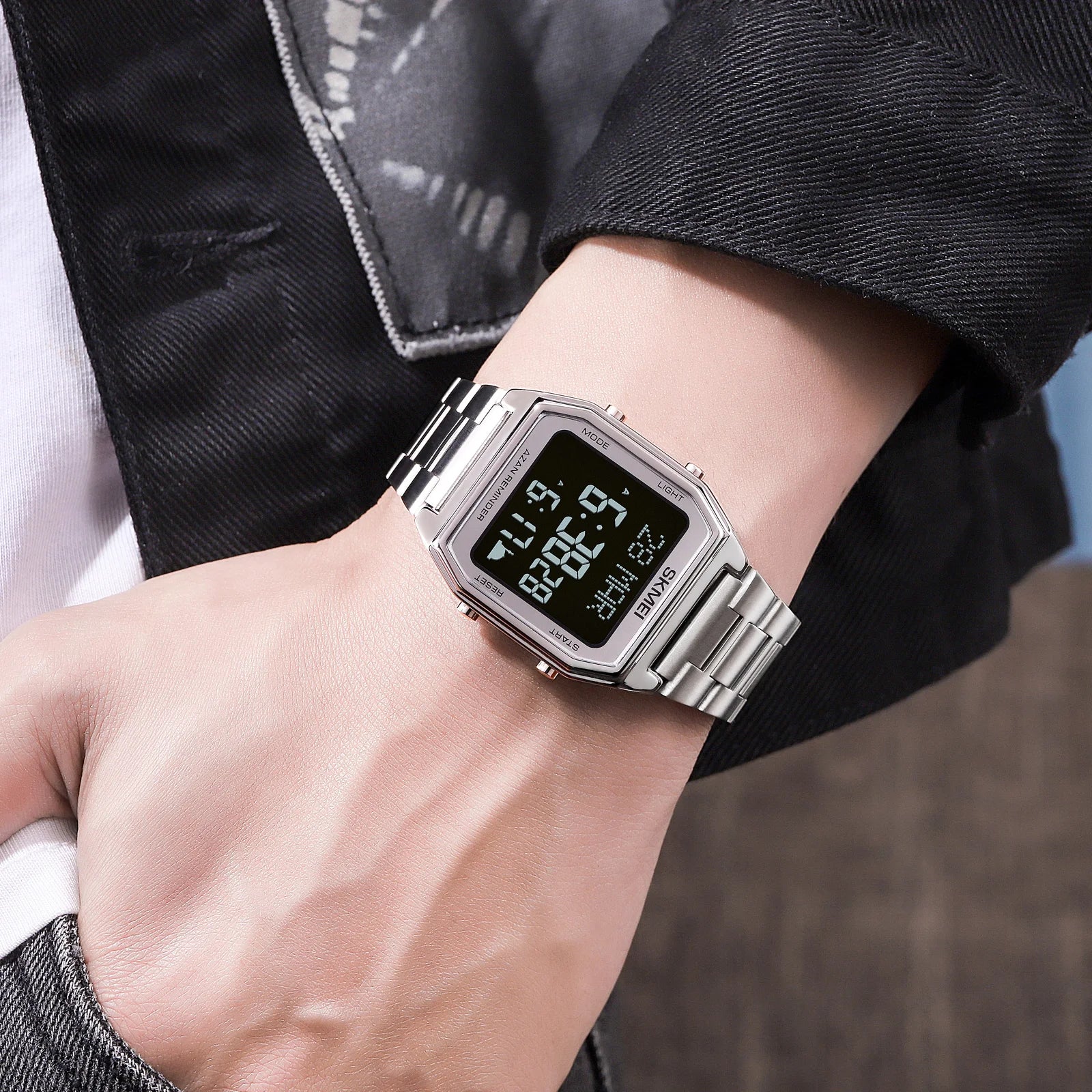 SKMEI Stainless Steel Digital Watch Muslim Azan Prayer Compass Clock Adhan Alarm Hijri Islamic Wristwatch with Back Light 2141