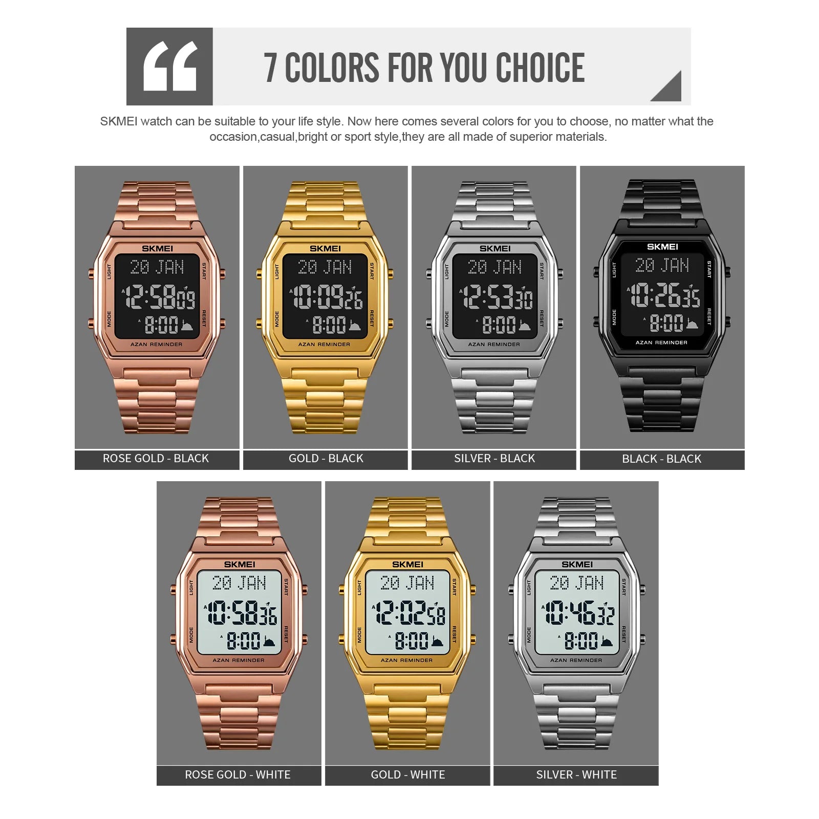 SKMEI Stainless Steel Digital Watch Muslim Azan Prayer Compass Clock Adhan Alarm Hijri Islamic Wristwatch with Back Light 2141
