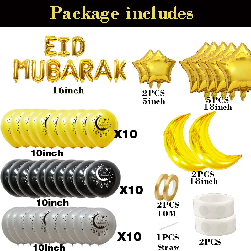 Eid Mubarak Decoration Black Gold Silver Balloons Moon Star Foil Balloon Balloons for Home Outdoor Ramadan Mubarak Eid Ul Fitr