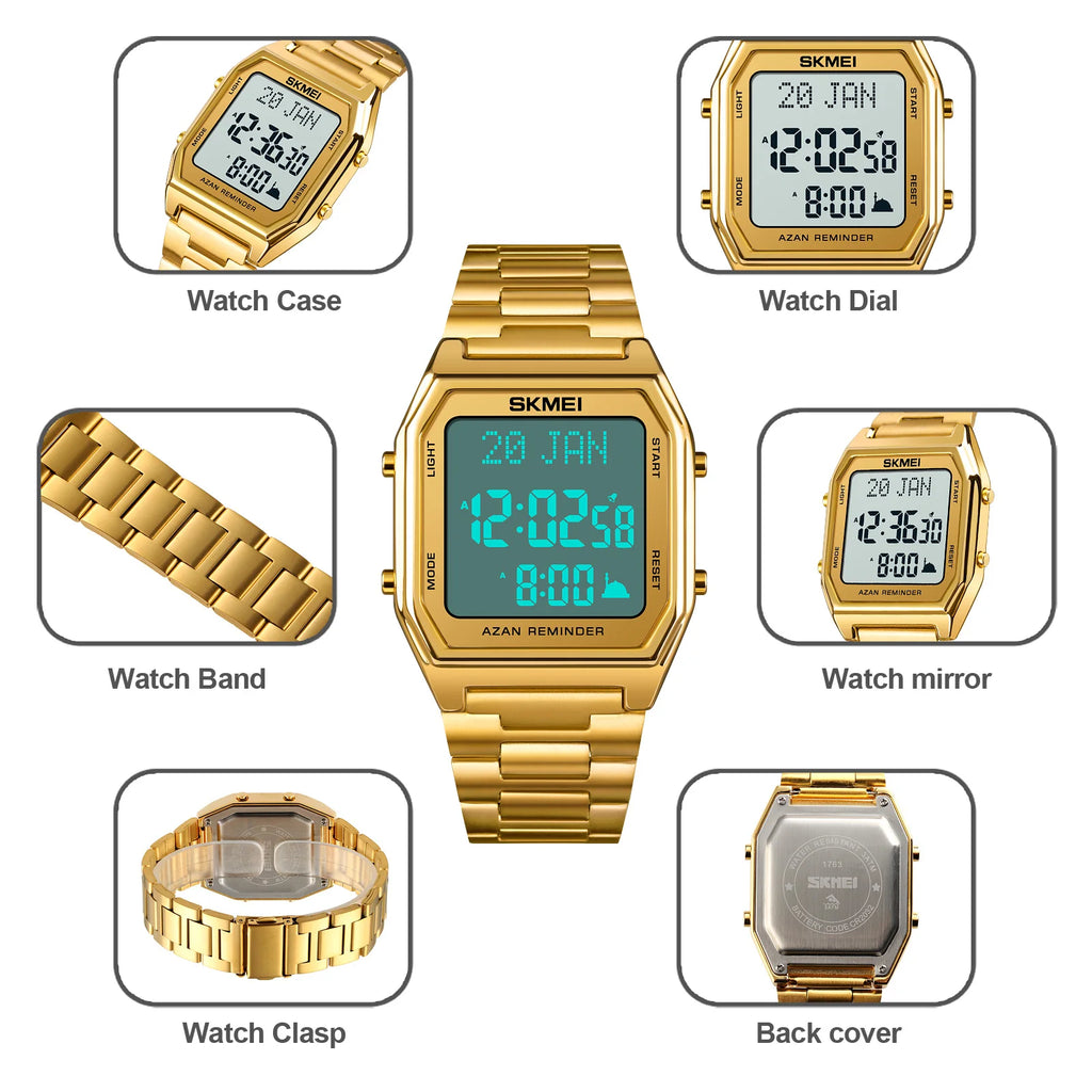 SKMEI Stainless Steel Digital Watch Muslim Azan Prayer Compass Clock Adhan Alarm Hijri Islamic Wristwatch with Back Light 2141
