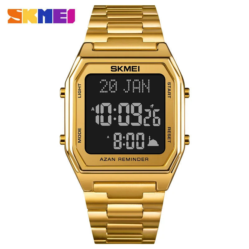 SKMEI Stainless Steel Digital Watch Muslim Azan Prayer Compass Clock Adhan Alarm Hijri Islamic Wristwatch with Back Light 2141