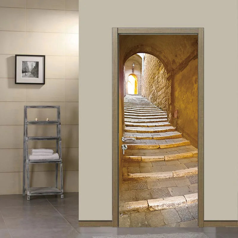 Medieval Stone Hutongs DIY Door Wall Sticker Home Decor Living Room Children Room Bedroom Art Mural Self-adhesive PVC Wallpaper