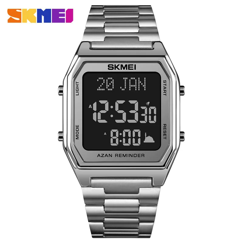 SKMEI Stainless Steel Digital Watch Muslim Azan Prayer Compass Clock Adhan Alarm Hijri Islamic Wristwatch with Back Light 2141