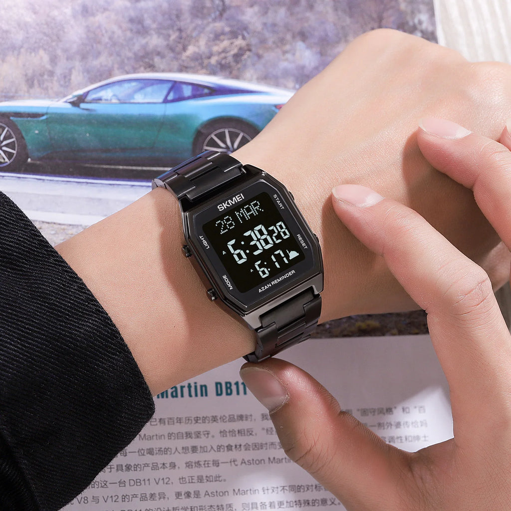 SKMEI Stainless Steel Digital Watch Muslim Azan Prayer Compass Clock Adhan Alarm Hijri Islamic Wristwatch with Back Light 2141