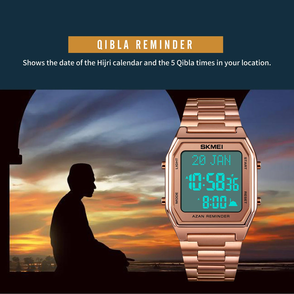 SKMEI Stainless Steel Digital Watch Muslim Azan Prayer Compass Clock Adhan Alarm Hijri Islamic Wristwatch with Back Light 2141
