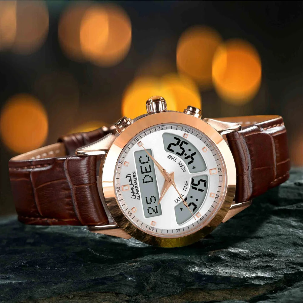 Muslim Watch with Alfajr Azan Time Iqamah Alarm for All Prayers English Arabic Language Saphire Genuine Leather Ramadan Gift