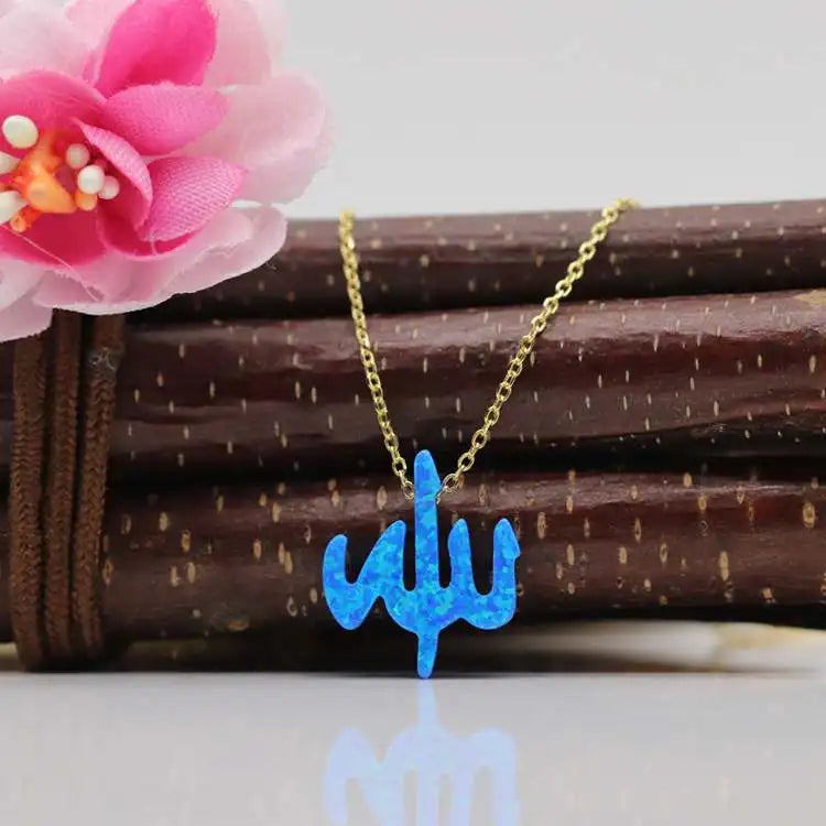 1pc Free Shipping 13*15mm Dark Blue Allah Synthetic Fire Blue Opal 925 Sterling Silver Gold O Chain Opal Allah Necklace Hot Sale