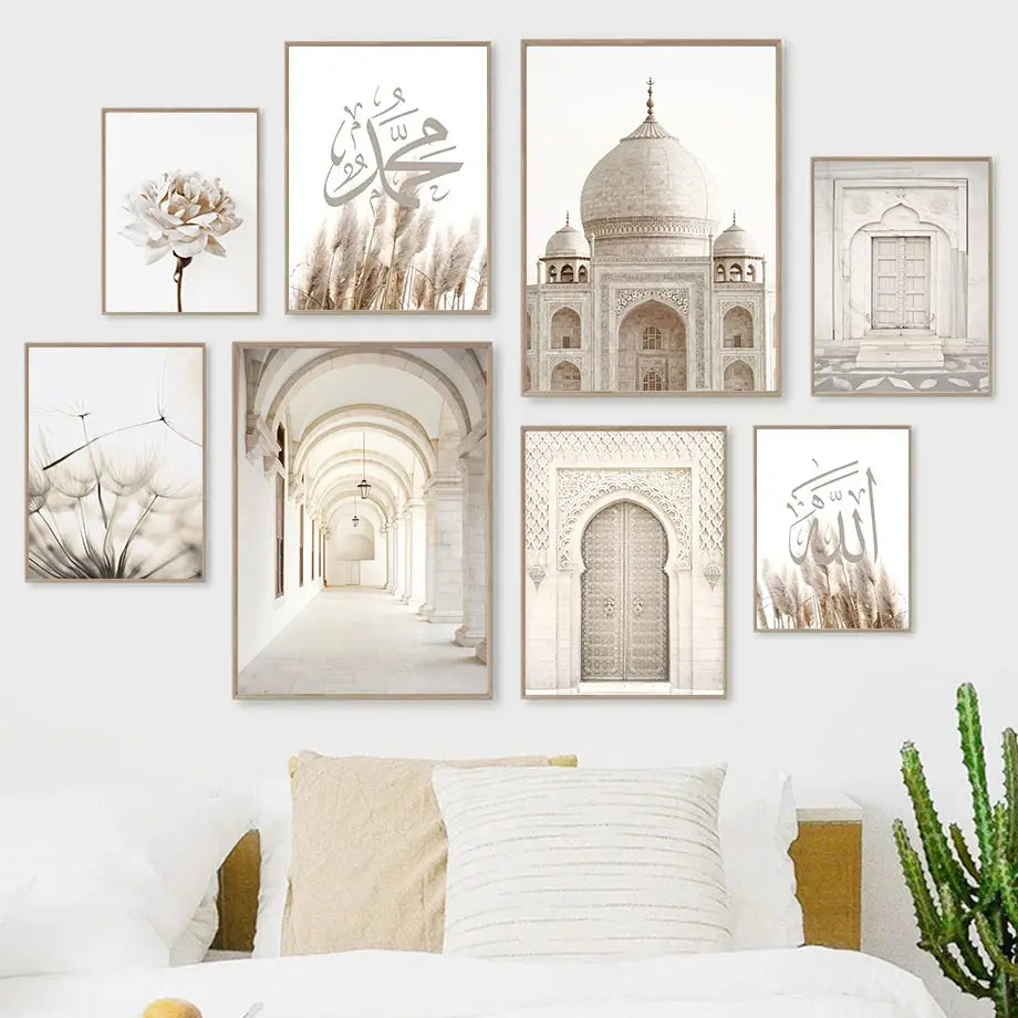 Islamic Beige Poster Architecture Canvas Print Mosque Morocco Door Flower Quotes Wall Art Painting Bohemia Picture Home Decor