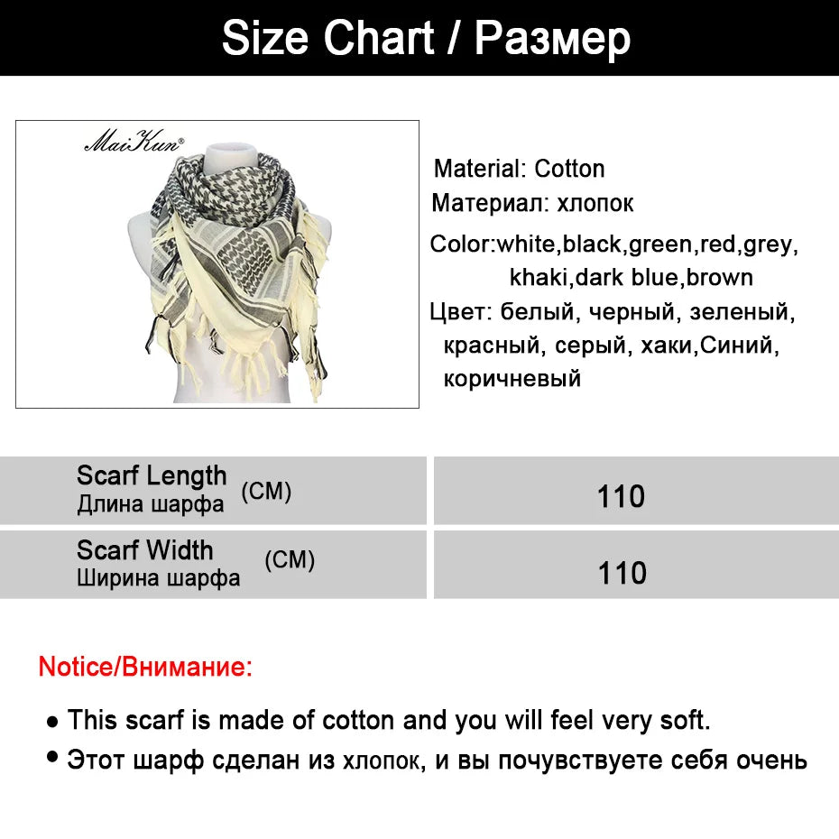 Maikun Cotton Arab Scarves Men Winter Military Keffiyeh Windproof Scarf Muslim Hijab Shemagh Tactical Desert Square Wargame
