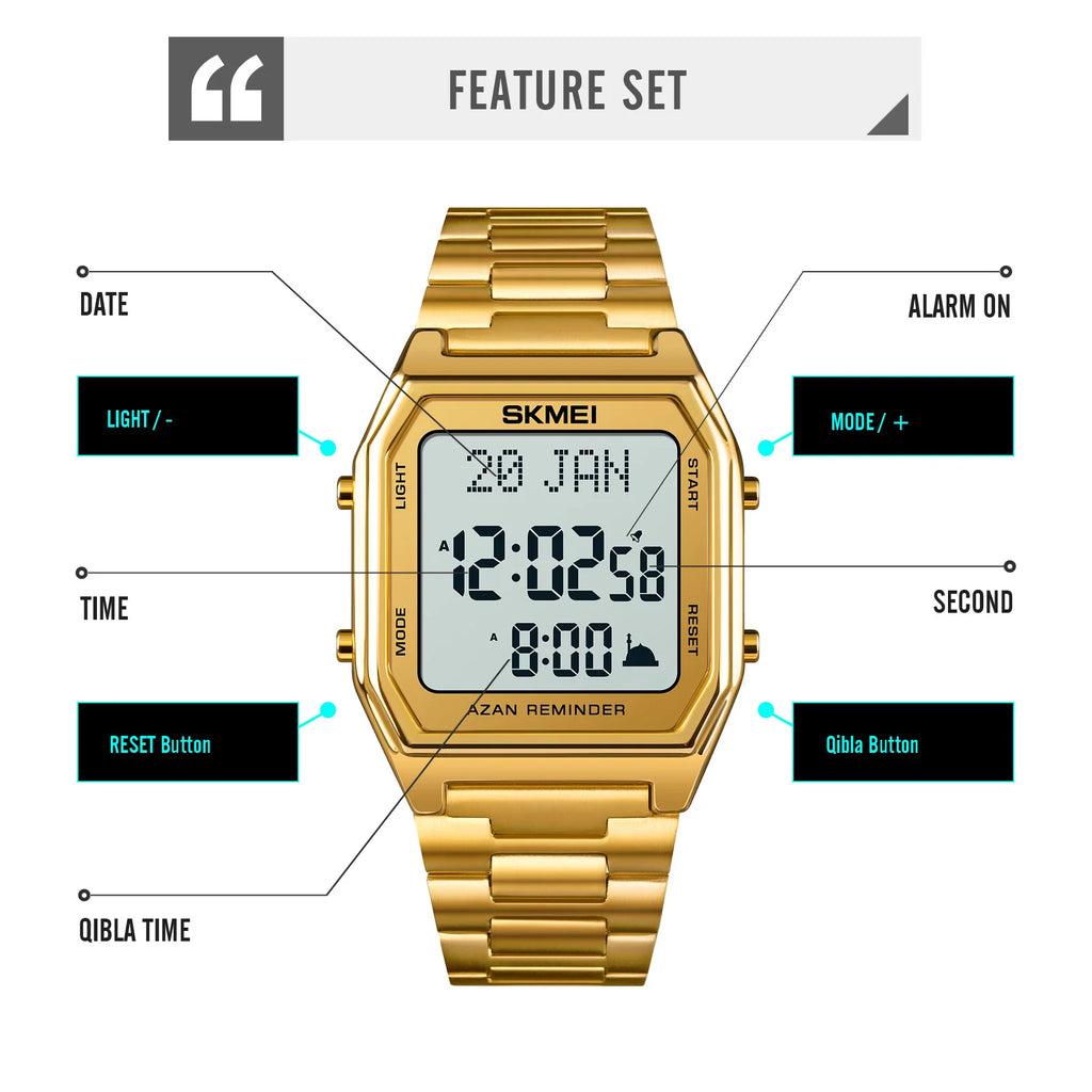 SKMEI Stainless Steel Digital Watch Muslim Azan Prayer Compass Clock Adhan Alarm Hijri Islamic Wristwatch with Back Light 2141