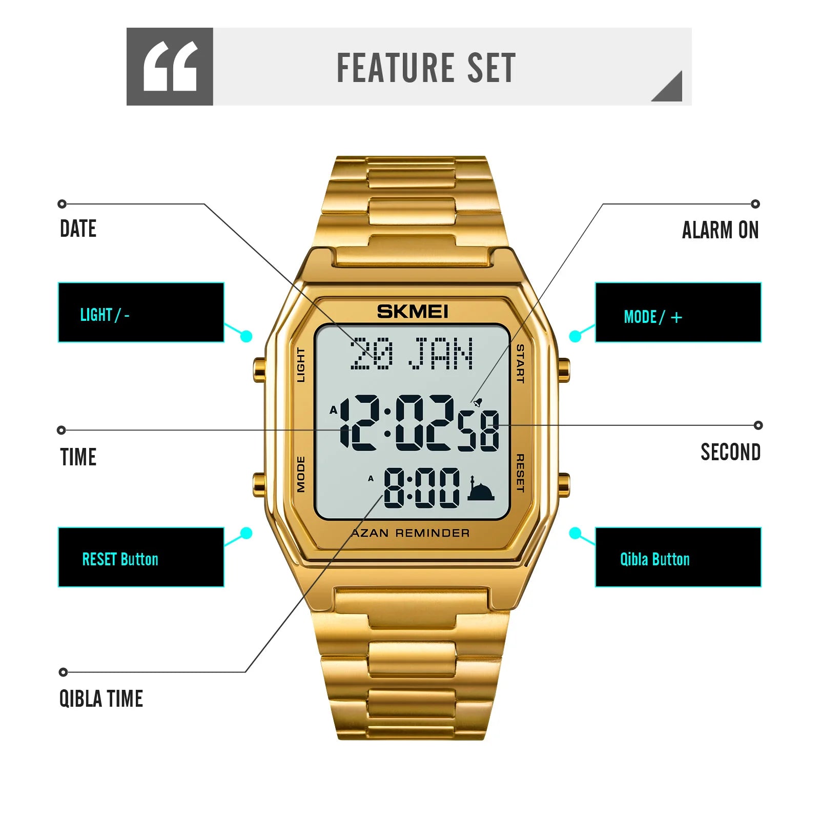 SKMEI Stainless Steel Digital Watch Muslim Azan Prayer Compass Clock Adhan Alarm Hijri Islamic Wristwatch with Back Light 2141