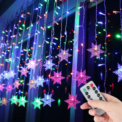 Battery/USB Operated Snowflake Curtain LED String Lights, Indoor & Outdoor Decor, 2024 Christmas Holiday Party Lighting, Wedding Decoration