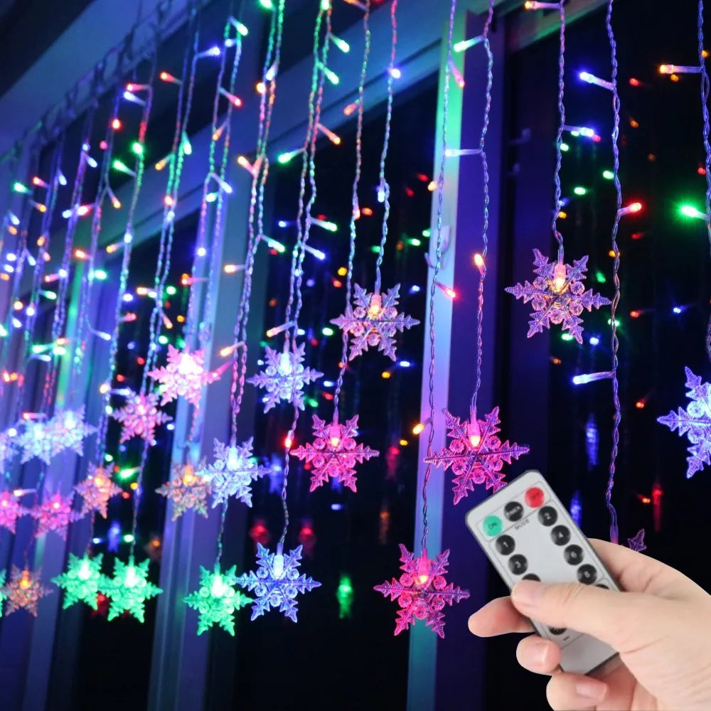 Battery/USB Operated Snowflake Curtain LED String Lights, Indoor & Outdoor Decor, 2024 Christmas Holiday Party Lighting, Wedding Decoration