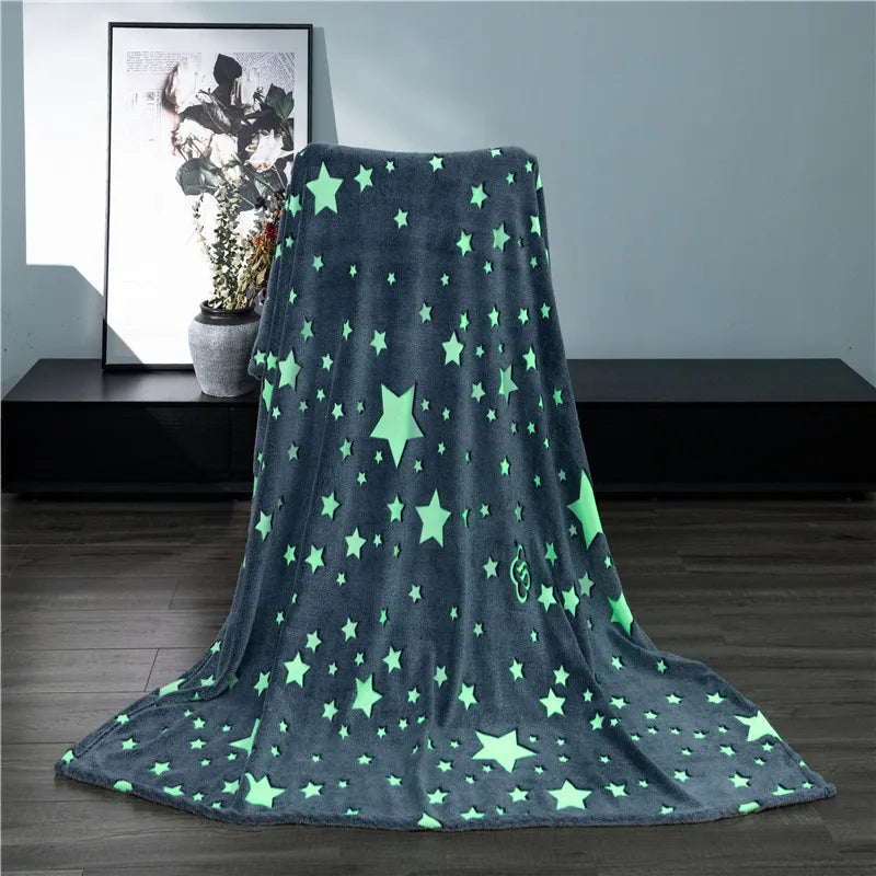 Magical Luminous Flannel Throw Blankets Night Fluorescent Fluffy Kids Blanket Star Moon Warm Sofa Bedspread Nap Leisure Covering